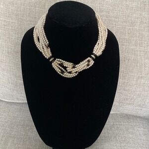 Vintage Multilayered Faux Pearl Necklace Gold Metal/Black Beads & Rhinestones.
